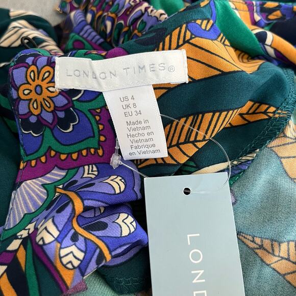 London Times Multi Teal Blue Floral Belted Jewel Neck Mini Sheath Dress 4 NWT - Picture 5 of 15